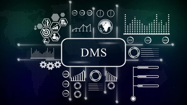 DMS Infographic with Global Business Data Visualization Business, technology, internet and networking concept. 3d animation rendering 4k video map background 