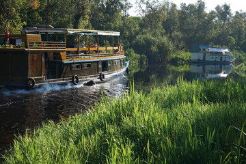Klotok houseboat is a traditional wooden boat complete with a bed and kitchen for cruising along the Sekonyer River, Tanjung Puting, Indonesia                   
