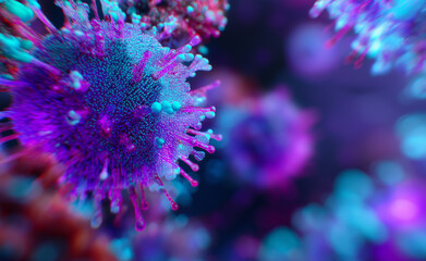 Abstract 3D rendering of virus particles in bright blue and purple tones.
