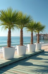 Fototapeta premium Four potted young palm trees line a wooden pier on a sunny beach. Calm blue ocean waves gently lap the shore. A distant pier or resort structure is visible on the horizon under a clear sky.