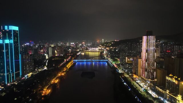 Lanzhou Yellow River Aerial Night View, Gansu Province China