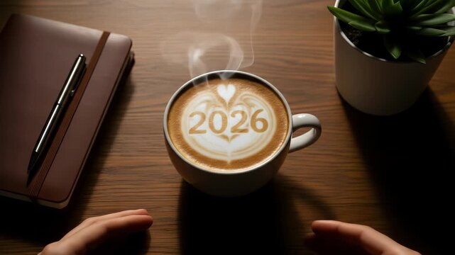 Person holding steaming coffee with 2026 heart art
