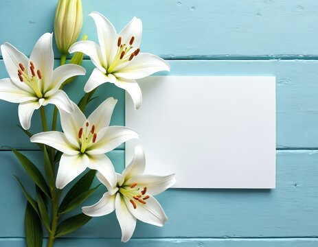 White lilies and blank white card on blue wooden background. Flowers arranged on wooden desk with blank paper for greeting or sympathy card. White lily flowers and empty card on blue wooden surface. - Powered by Adobe