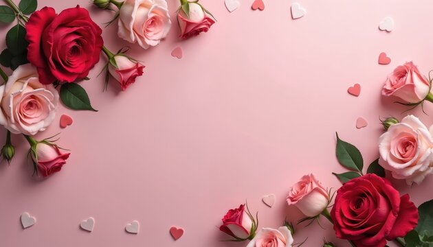 Vibrant red, soft pink roses with green leaves frame gentle pink background. Tiny hearts scattered around lovely flowers. Beautiful floral border offers ample copy space. Perfect for conveying