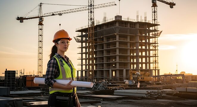 Portrait of a confident female engineer in a hard hat and safety vest, holding blueprints at a high-rise construction site during a beautiful sunset
