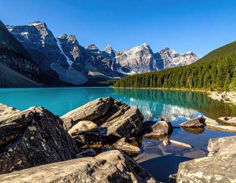 Serene turquoise lake mirroring snow-capped mountain peaks - Powered by Adobe