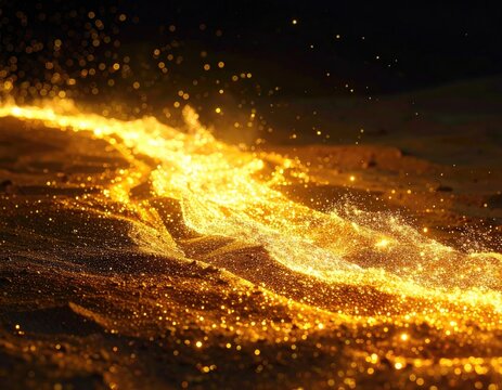 Sparkling golden stream cascades down dark, grainy surface - Powered by Adobe