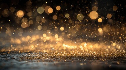 Abstract view of golden glitter dust and glowing bokeh lights on a dark surface, evoking luxury, celebration, and artistic sparkle, high detail, cinematic lighting