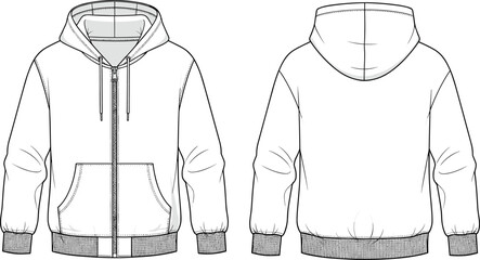 Cad drawing flat vector illustration of classic zip-up hoodie showing detailed front and back technical fashion sketch with pockets, ribbed cuffs, and hood design