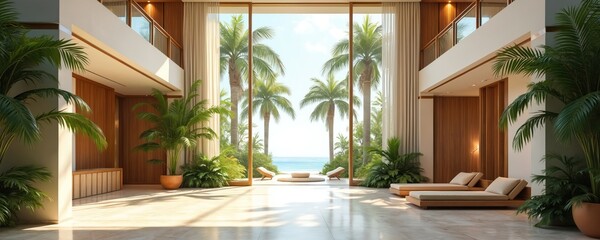 Obraz premium Luxurious modern hotel lobby interior design. Wide panoramic window shows tropical palm trees, blue ocean. Sunlit spacious resort lounge area with comfortable daybeds, potted plants, high ceilings,