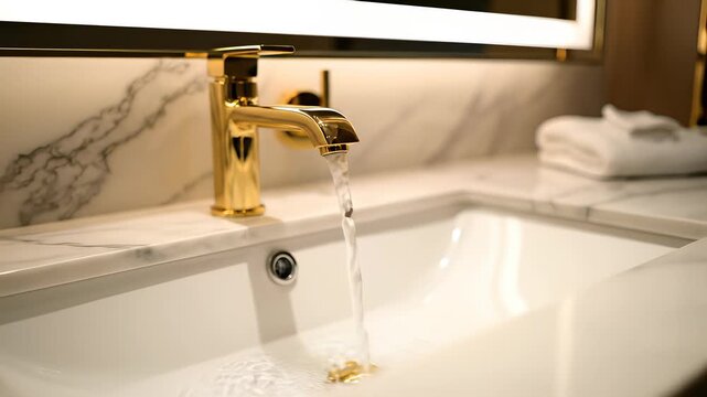 Luxurious hotel bathroom featuring modern amenities and sleek gold faucet as water flows into sink, setting tone for high end comfort and sophisticated style, perfect for use in premium getaway.