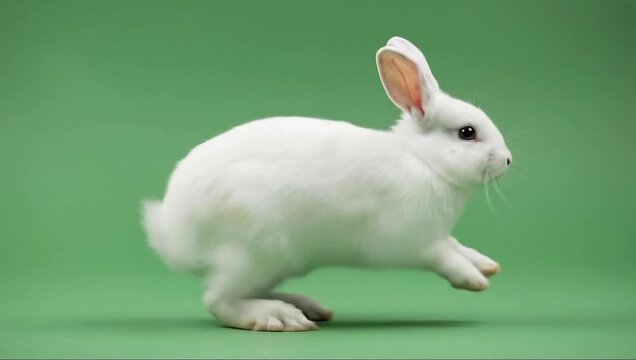 Cute fluffy white rabbit performing natural hopping motion on isolated green screen background for professional video production and creative compositing work