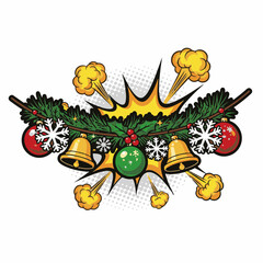 Christmas decoration with bells, ornaments, and snowflakes in pop art style  