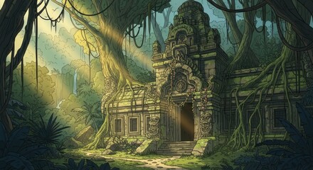 Fototapeta premium Ancient Temple Hidden in Lush Jungle with Sunlight Rays