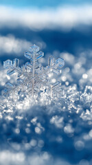 Close-up of a single detailed snowflake resting on soft snow with a blue background.
