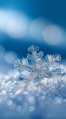 Close-up of a single detailed snowflake resting on soft snow with a blue background.

