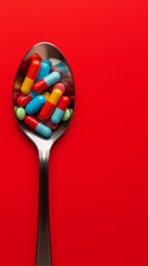 Spoon filled with colorful pills and capsules on a bright red background.
