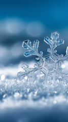 Close-up of a single detailed snowflake resting on soft snow with a blue background.

