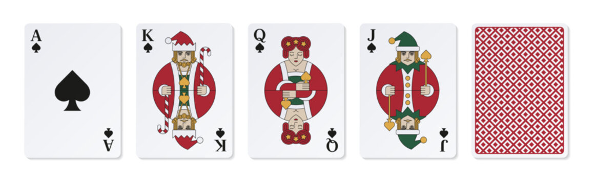 Christmas design of high playing cards of Spades. Casino clipart.	