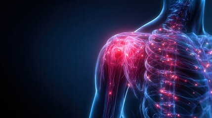 Futuristic anatomical illustration of a shoulder with highlighted pain points, representing injury, inflammation, and medical diagnostics, glowing medical visualization, high detail.