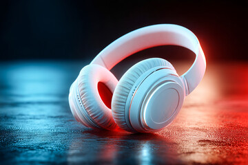 Stylish white headphones set on a reflective surface with vibrant neon lights Generative AI