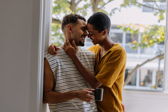 Romantic gay couple sharing a tender moment near a window in their home