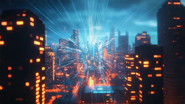 Cityscape experiencing fast data transfer and network connections