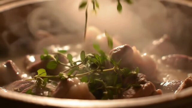 Steaming meat cooking in pot, hot steam rising, cooking advertisement image