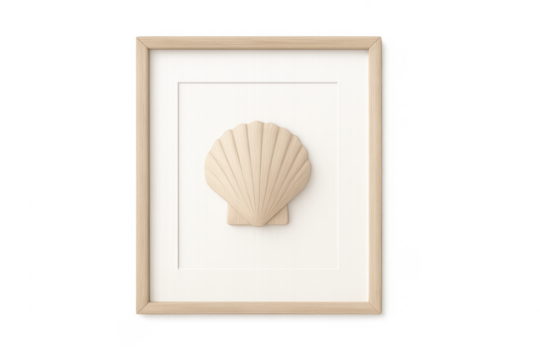 Wooden seashell art in frame with transparent background