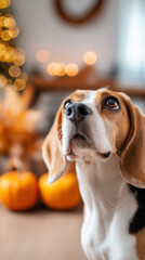 Beagle dog looking up with warm autumn lights and pumpkins in the background.
