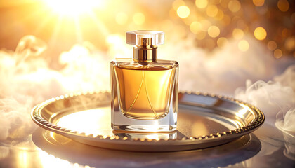 Exquisite close-up of a luxury perfume bottle on a golden tray amidst mystical smoke and shimmering bokeh lights, emanating elegance and allure