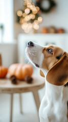 Beagle dog looking up with warm autumn lights and pumpkins in the background.
