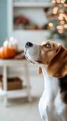 Beagle dog looking up with warm autumn lights and pumpkins in the background.
