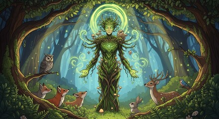 Obraz premium Enchanted Forest Guardian with Animals in Magical Green Setting