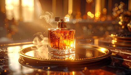 An ultra-cinematic, hyper-realistic close-up captures an exquisite luxury perfume bottle, gleaming with golden light and delicate vapor, evoking an opulent and sophisticated fragrance experience