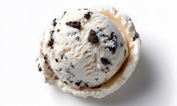 a scoop of cookies and cream ice cream on an empty white surface