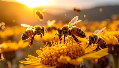 Bees gather on bright yellow wildflowers at sunset