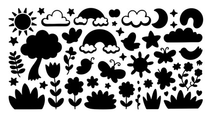 Vector set of black animal silhouettes and weather icons illustration