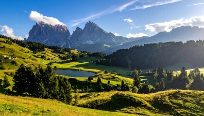 A scenic mountain landscape with green meadows, trees, and a lake under a sunny, blue sky with some clouds