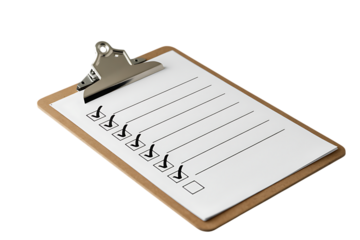 Clipboard with checklist and checkmarks in boxes, indicating completed tasks isolated on transparent background