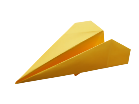 A vibrant yellow paper airplane, symbolizing freedom, travel, and the joy of imagination isolated on transparent background