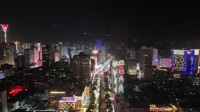 Lanzhou Gansu Aerial Night View - Illuminated Downtown Skyline