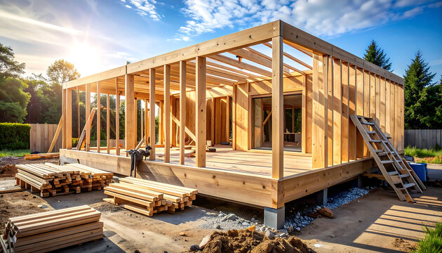 Construction of a modern wooden house in a sunny outdoor setting with building materials visible