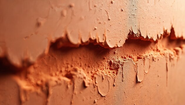 Rough dusty peach textured plaster surface shows cracks and peeling paint. Abstract wall material with tonal variations and a worn rough finish. Natural earthy tone background.
