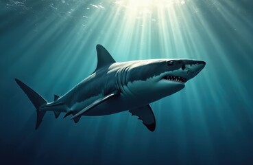 Big white swims underwater in sun rays. Predator with open mouth shows teeth. Dangerous sea animal searches for prey in deep blue ocean nature habitat. Marine fauna close up.