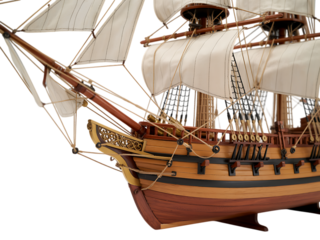 Closeup of the bow of a vintage sailing ship model isolated on transparent background
