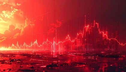 Red glowing city skyline with sharp peaks, reflects on a watery surface against a cloudy, sun-filled, fiery sky