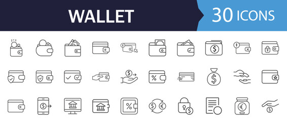 Wallet line icon set. Featuring money, payment, card, savings, cash, transfer, and financial symbols. Minimal vector design for banking, business, finance apps, and digital services.