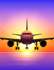 A stylized airplane taking off over water during a vibrant sunset
