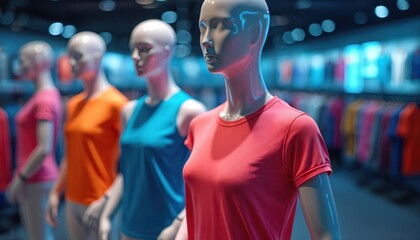 Mannequins wear bright athletic tops in a modern store. Rows of colorful activewear fill the background shelves. Focus on vibrant fashion and sporty style.